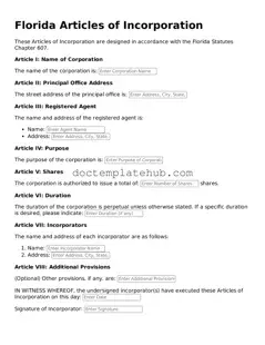 Fillable Articles of Incorporation Template for Florida State