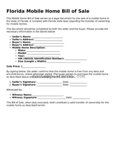 Fillable Mobile Home Bill of Sale Template for Florida State