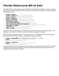 Fillable Motorcycle Bill of Sale Template for Florida State