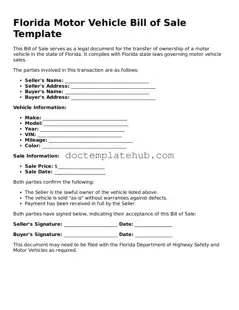 Fillable Motor Vehicle Bill of Sale Template for Florida State