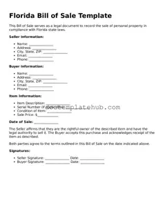 Fillable Bill of Sale Template for Florida State