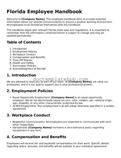 Fillable Employee Handbook Template for Florida State