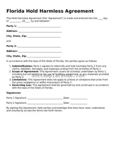 Fillable Hold Harmless Agreement Template for Florida State