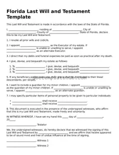 Fillable Last Will and Testament Template for Florida State