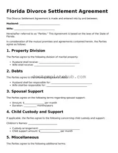 Fillable Divorce Settlement Agreement Template for Florida State