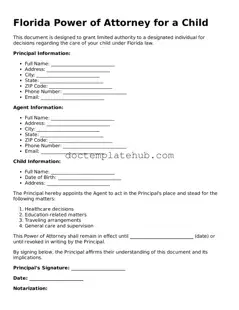 Fillable Power of Attorney for a Child Template for Florida State
