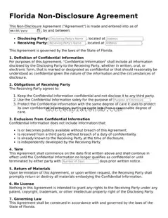 Fillable Non-disclosure Agreement Template for Florida State
