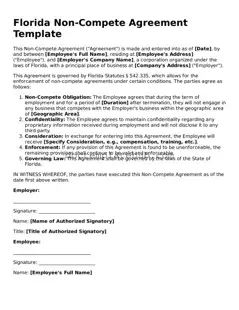 Fillable Non-compete Agreement Template for Florida State