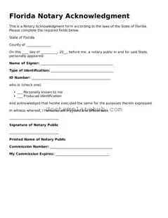 Fillable Notary Acknowledgement Template for Florida State