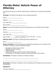 Fillable Motor Vehicle Power of Attorney Template for Florida State