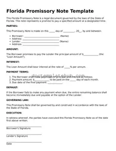 Fillable Promissory Note Template for Florida State