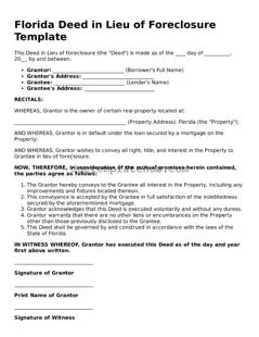 Fillable Deed in Lieu of Foreclosure Template for Florida State