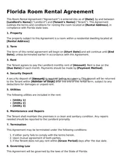 Fillable Room Rental Agreement Template for Florida State