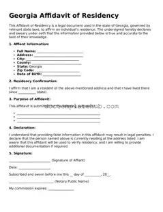 Fillable Affidavit of Residency Template for Georgia State