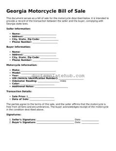 Fillable Motorcycle Bill of Sale Template for Georgia State