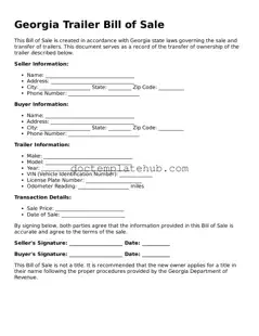 Fillable Trailer Bill of Sale Template for Georgia State