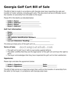 Fillable Golf Cart Bill of Sale Template for Georgia State