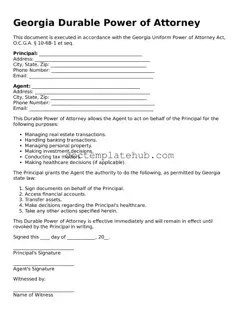 Fillable Durable Power of Attorney Template for Georgia State