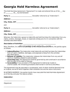 Fillable Hold Harmless Agreement Template for Georgia State