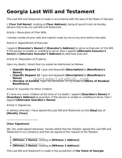 Fillable Last Will and Testament Template for Georgia State