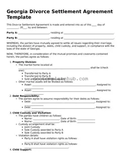 Fillable Divorce Settlement Agreement Template for Georgia State