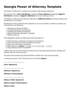 Fillable Power of Attorney Template for Georgia State