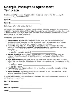 Fillable Prenuptial Agreement Template for Georgia State