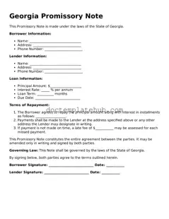 Fillable Promissory Note Template for Georgia State