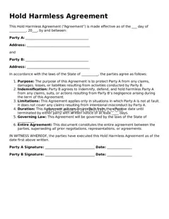 Official Hold Harmless Agreement Form