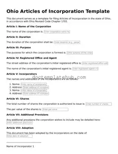 Fillable Articles of Incorporation Template for Ohio State