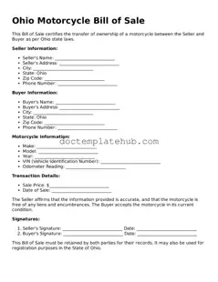 Fillable Motorcycle Bill of Sale Template for Ohio State