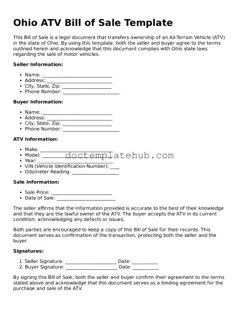 Fillable ATV Bill of Sale Template for Ohio State