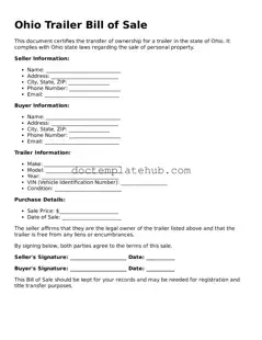 Fillable Trailer Bill of Sale Template for Ohio State