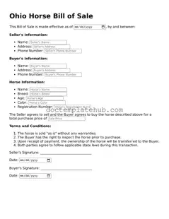 Fillable Horse Bill of Sale Template for Ohio State