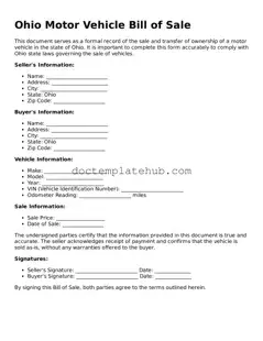 Fillable Motor Vehicle Bill of Sale Template for Ohio State