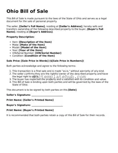 Fillable Bill of Sale Template for Ohio State