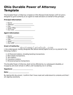 Fillable Durable Power of Attorney Template for Ohio State