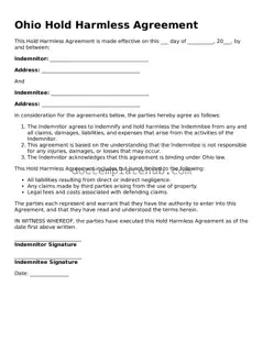 Fillable Hold Harmless Agreement Template for Ohio State