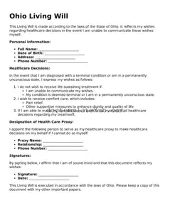 Fillable Living Will Template for Ohio State