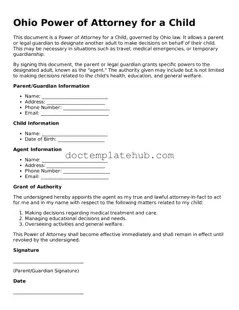 Fillable Power of Attorney for a Child Template for Ohio State