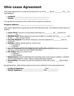 Fillable Lease Agreement Template for Ohio State