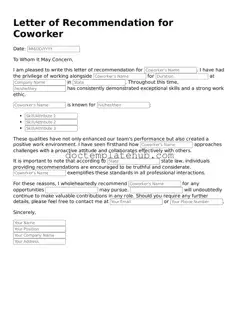 Official Letter of Recommendation for Coworker Form
