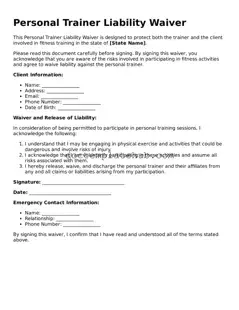 Official Personal Trainer Liability Waiver Form