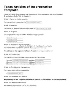 Fillable Articles of Incorporation Template for Texas State