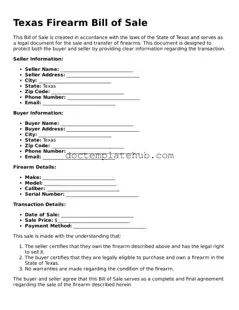 Fillable Firearm Bill of Sale Template for Texas State