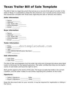 Fillable Trailer Bill of Sale Template for Texas State