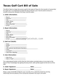 Fillable Golf Cart Bill of Sale Template for Texas State