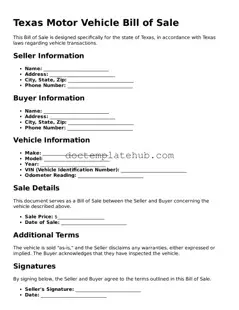 Fillable Motor Vehicle Bill of Sale Template for Texas State