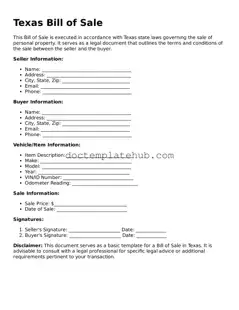 Fillable Bill of Sale Template for Texas State