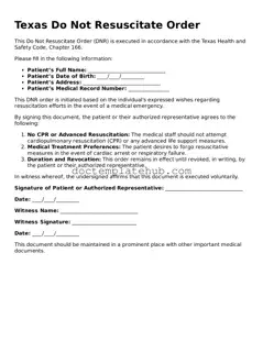 Fillable Do Not Resuscitate Order Template for Texas State